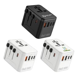 Three travel adapters in black and white, featuring multiple USB and charging ports, with one having a logo.