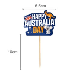 A decorative toothpick featuring a blue and yellow design with an Australian flag, a kangaroo, and a koala.
