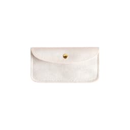 A cream velvet glasses pouch with a flap closure and a gold stud button.
