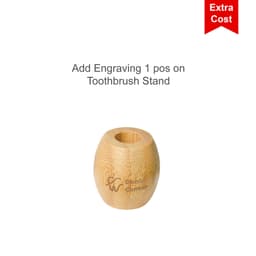 A small bamboo toothbrush holder with a circular opening and engraved branding. The holder is light brown in colour.