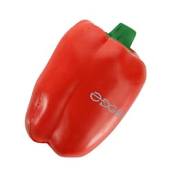 A red capsicum-shaped stress reliever with a green stem and logo on its side.