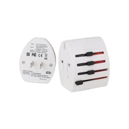 A white travel adapter with multiple plug options and USB ports, featuring an LED indicator and a branded logo.