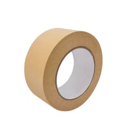 A roll of self-adhesive kraft paper tape in a natural brown colour with a white interior core and no visible branding.