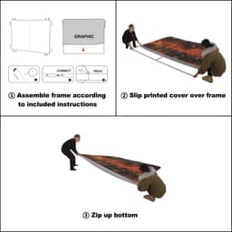 A U-shaped tension fabric display wall in shades of black and red, being assembled by two people. It has a logo.