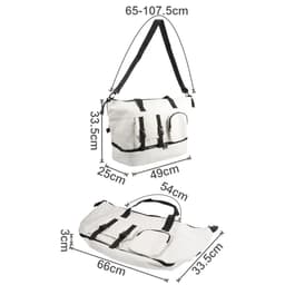 A white Travel Weekender Bag featuring multiple pockets, adjustable straps, and a branding logo. Measures 65-107.5cm.