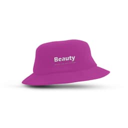 A pink Terry Toweling Bucket Hat featuring a logo on the front, suitable for leisure and outdoor activities.