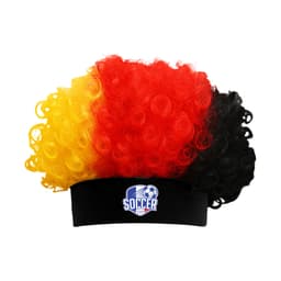 A curly afro headband wig featuring vibrant red, yellow, and black colours, with a logo on the band.