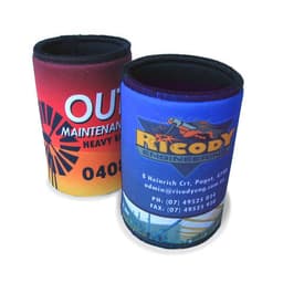 Two stubby holders featuring vibrant red, yellow, and blue designs, each with distinct branding and logos.