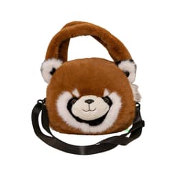 A brown plush handbag designed as a cute animal with a black and white face, featuring a shoulder strap.