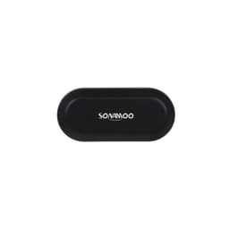 A black charging case for wireless earbuds with a branding logo on the top.