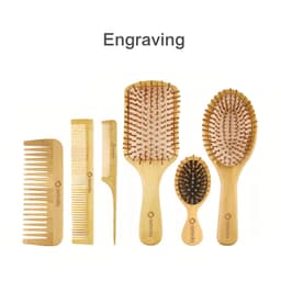 A collection of bamboo hair combs in various sizes, featuring rounded tooth designs and a logo.