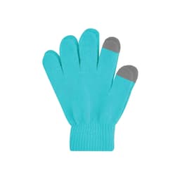 A pair of turquoise plain knitted gloves with grey fingertips and a woven label at the cuff.