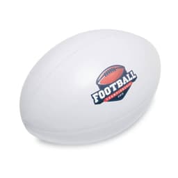 A white rugby ball stress reliever with a logo featuring a football design and text.