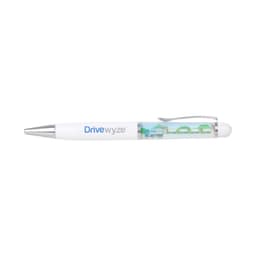 A plastic pen in white featuring a transparent section with colourful floating elements. The pen also has a logo.