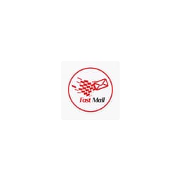 A circular sticker featuring a red and white design with an envelope graphic and a logo.