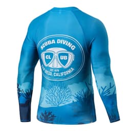 A long-sleeved rashie in blue tones featuring a scuba diving graphic and a logo on the back.