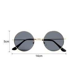 Retro round sunglasses featuring a gold frame and dark lenses, measuring 14 cm wide and 5 cm high.