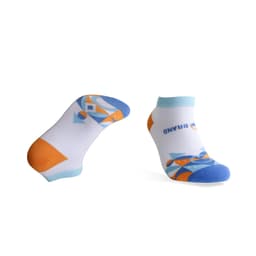 Low cut socks featuring a custom pattern with blue, orange, and white colours, and a branding logo.