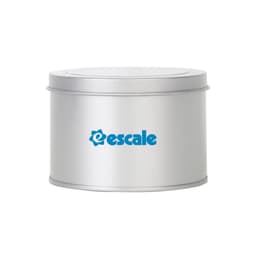 A silver medium tin can with a transparent window and a logo on the front. It has a simple, cylindrical design.