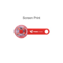 A red LED pet collar light with a circular design, featuring a logo and multiple illumination points.