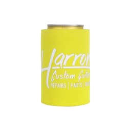 A drink bottle holder in bright yellow with a branding logo, designed to keep cans insulated.