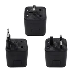 A compact black travel adapter featuring multiple plug types for international use, with an attached logo.
