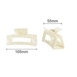 A hair claw clip in a pearlescent white colour, measuring 105mm by 55mm, featuring a clasp mechanism.