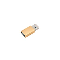 A gold and silver USB data blocker with blue connectors. It has a rectangular shape and a metallic finish.