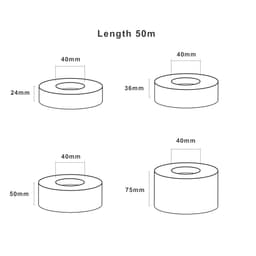 A diagram displaying various dimensions of rolls of water-activated reinforced kraft paper tape, featuring different sizes in millimetres.