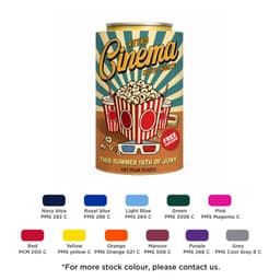 A drink bottle stubby holder featuring a retro cinema design with popcorn and striped cups in various colours.