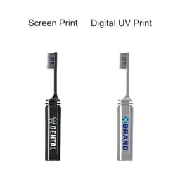 A foldable toothbrush in black and silver, featuring bristles and a compact handle. Each toothbrush has a logo.