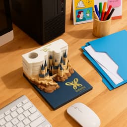 A 3D paper carving notepad in cream and navy, featuring intricate castle designs, placed on a wooden desk with office supplies.