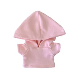 A pink plush doll hoodie with a hood, featuring short sleeves and a soft fabric texture.