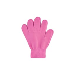 A pair of pink knitted gloves featuring a ribbed cuff and a woven label.