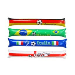 Four inflatable bang bang sticks in red, yellow, blue, and green featuring football designs and various country names.