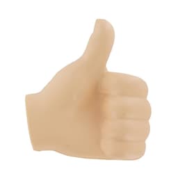 A beige thumb-shaped stress reliever, featuring a raised thumb for a positive gesture. It has a smooth, soft texture.