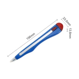 A blue and red pen designed in the shape of a knife, featuring a clip and rubber grip. It has a logo on the side.