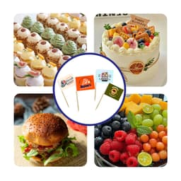 A collection of food images including cupcakes, a fruit cake, a burger, and a bowl of fresh fruit with colourful labeling stick flags.