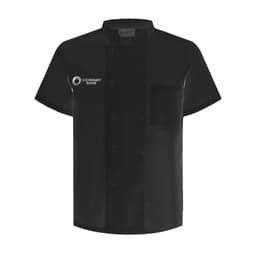 A black short-sleeved double-breasted chef jacket with a pocket and a logo on the front.