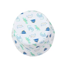 A white bucket hat featuring playful dinosaur and wave patterns in blue and green hues. It has a logo on the side.