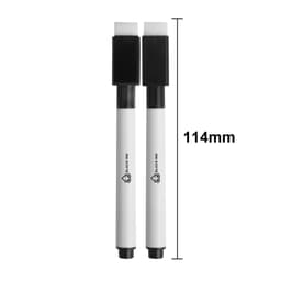 Two magnetic whiteboard markers with a black cap and white barrel, each measuring 114mm in length.