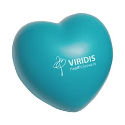 A turquoise heart-shaped stress reliever with a logo on one side.