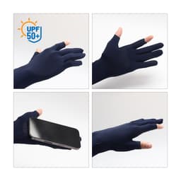 Long sleeve navy gloves featuring two open fingers and a textured grip, suitable for sun protection with UPF 50+.