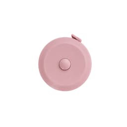 A pink round tape measure with a button on top, featuring a logo.