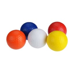 A selection of golfball-shaped stress relievers in orange, blue, white, red, and yellow, featuring a textured surface.