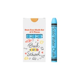 A set of four blue dust-free chalk sticks in a white box, featuring a logo and colourful drawings.