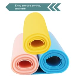A collection of three fitness resistance bands in yellow, pink, and blue, featuring a branding logo.