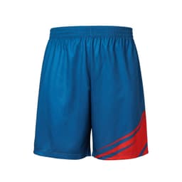 Blue and red unisex shorts made of 100% polyester, featuring a design with a logo.
