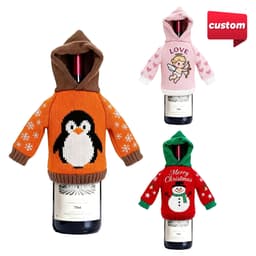 A drink bottle cover in orange with a penguin design, pink with "Love," and red with a snowman and "Merry Christmas."