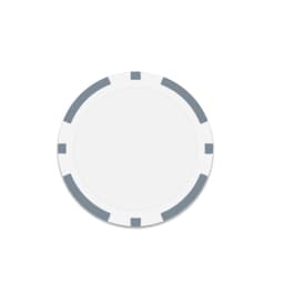 A round poker chip in white with grey markings around the edges. It features a logo in the centre.